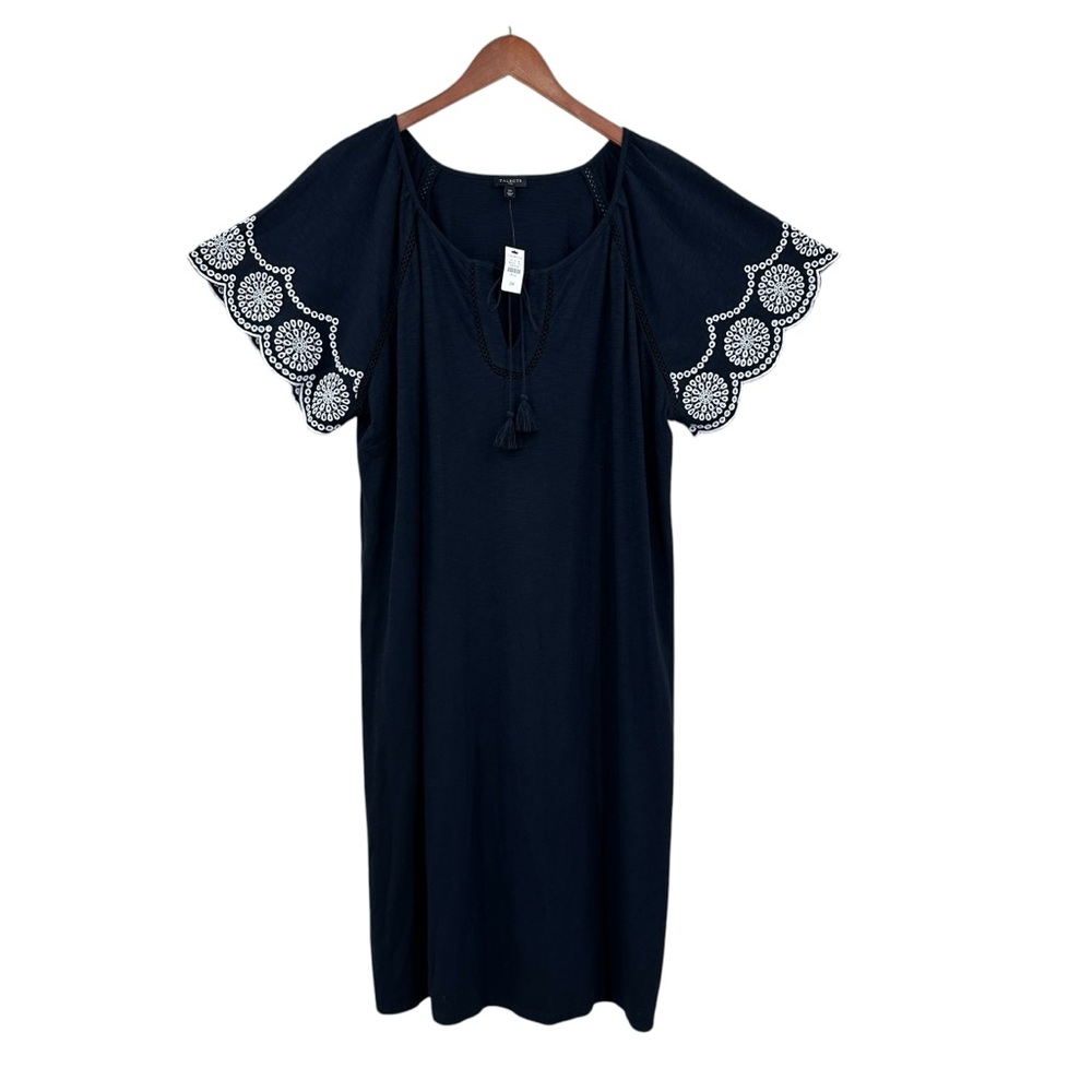 New TALBOTS Dress Modal Blend Embroidery Tassle Tie Shift Boho Black